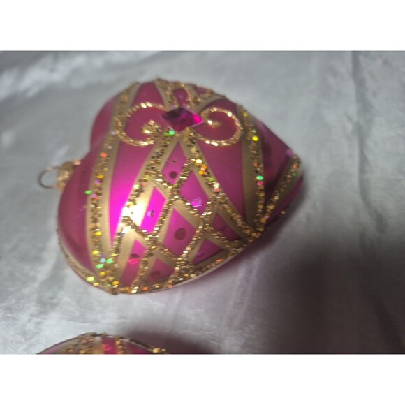Set Of 2 Vitbis Glass Pink Jeweled Heart Shaped Ornaments Made In Poland - Picture 6 of 16